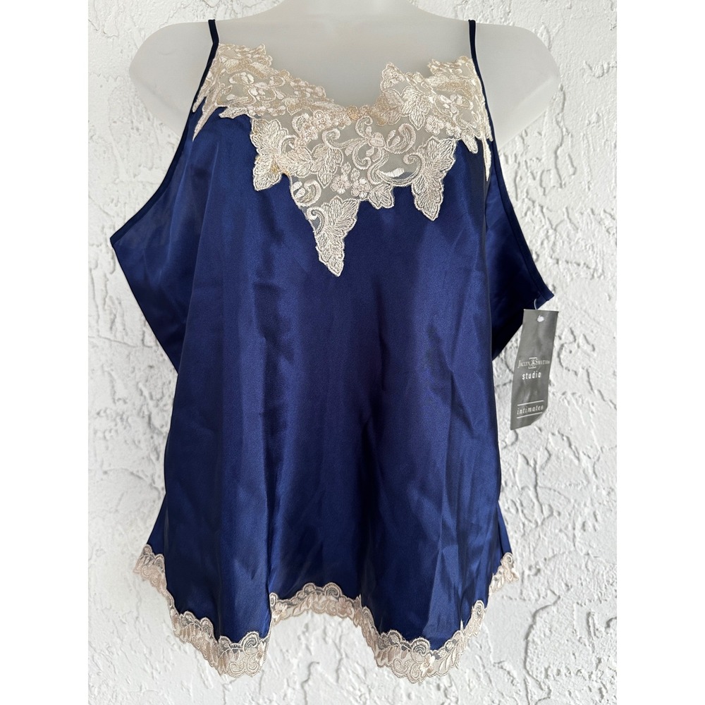 Jaclyn Smith Vtg Y2K Navy Blue Satin Lace Trim Lingerie Camisole NWT Large